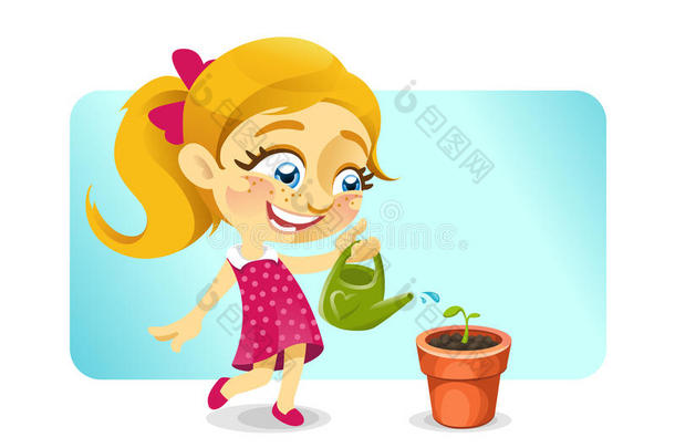 金发快乐的女孩给植物浇水