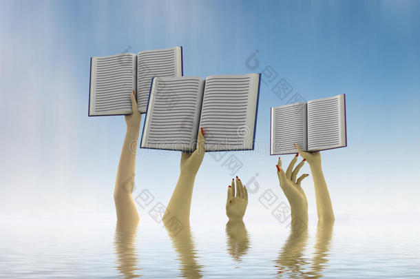 几只手拿着书在水上