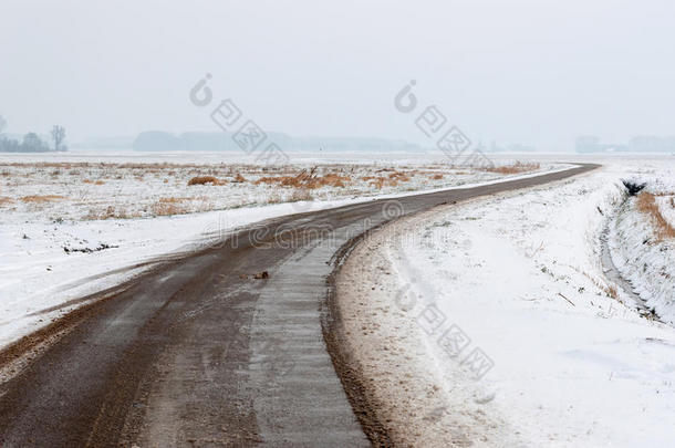 光秃秃的雪景中弯弯曲曲潮湿的乡村道路