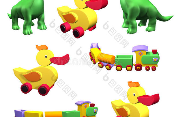 一套五颜六色的<strong>儿童</strong>玩具：鸭子、恐龙、<strong>火车</strong>隔离玩具