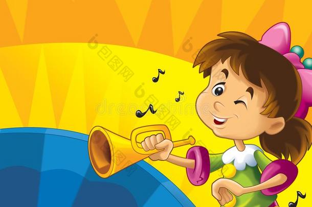 带乐器的卡通儿童.彩色动态背景下的音乐符号和快乐