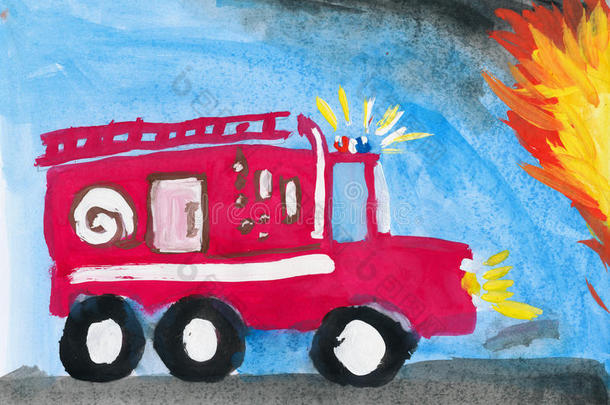 消防车。孩子的画。
