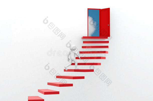 一个抽象的楼梯，一个矮小的人从敞开的门中走过