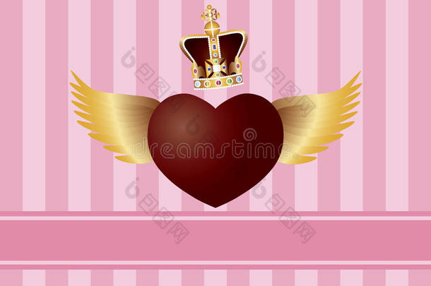 粉红背上带着翅膀和王冠的飞翔的心