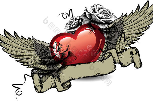 有红心、玫瑰和翅膀的徽章。矢量。
