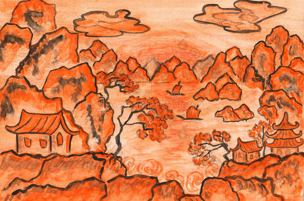 橙色<strong>中国山水</strong>画