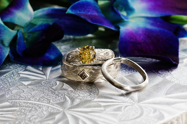 珠宝：婚戒，鲜花，锦绣桌凝块