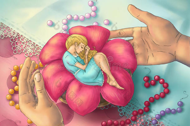 拇指姑娘睡在花里。