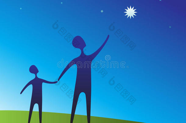 父母和孩子指着星星