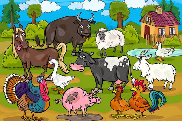 农场动物乡村情景卡通插画
