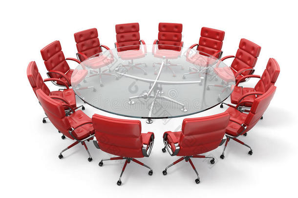 商务会议或头脑风暴的概念。<strong>圆形桌子</strong>和红色扶手椅
