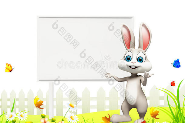 灰色的兔子指着白色的大牌子