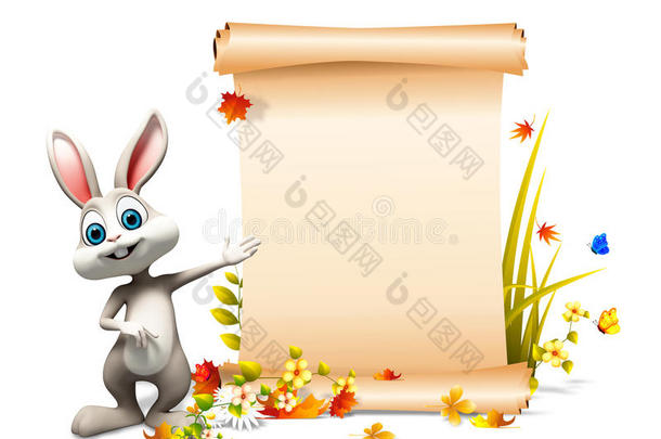灰色复活节兔子指着大牌子
