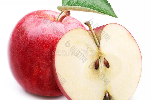 有叶子和<strong>切片</strong>的红<strong>苹果</strong>。