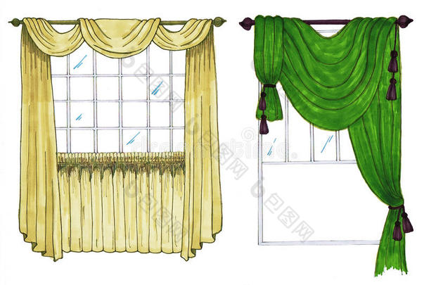 素描、窗帘、窗帘