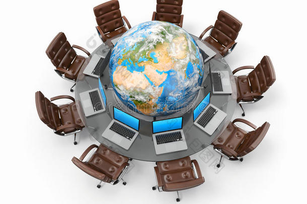 全球商业沟通的概念。 笔记本电脑和扶手椅围绕着地球
