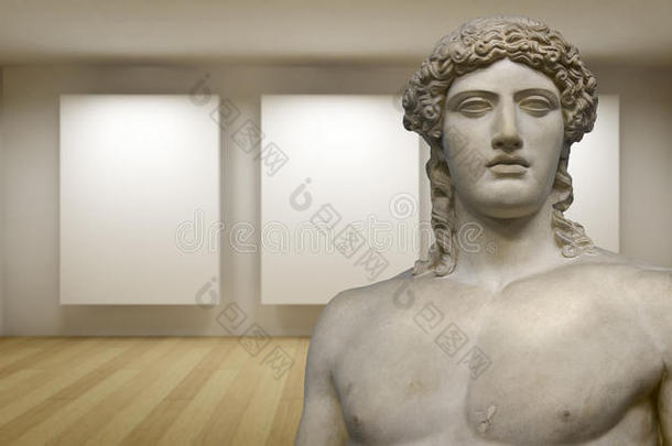 空画廊，带希腊雕塑的3d房间，古代雕像