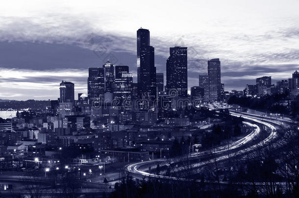 <strong>西雅图</strong>市中心的夜晚，紫色调
