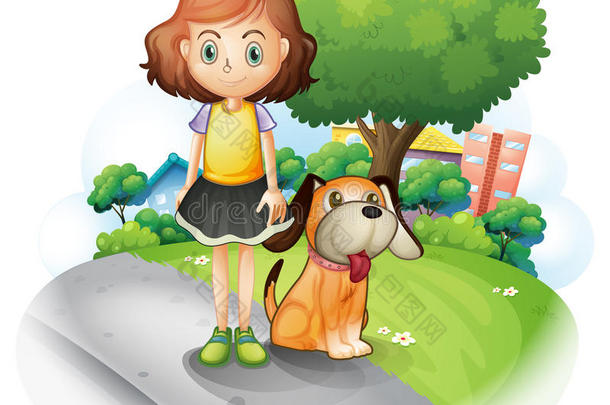 一个带着狗在街上的年轻女孩