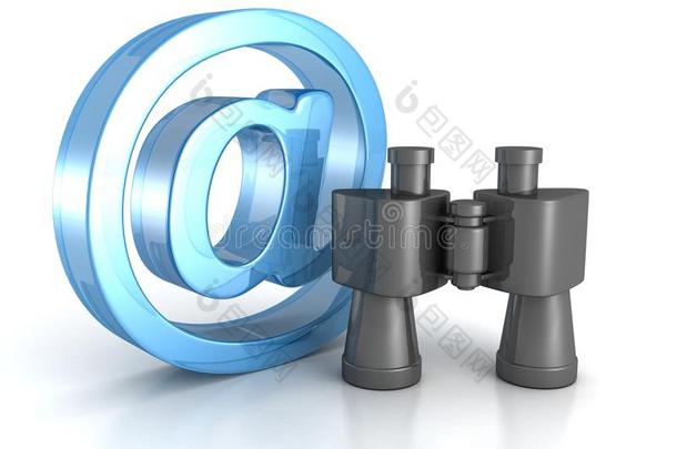 电子邮件符号为蓝色的双筒望远镜。互联网搜索概念