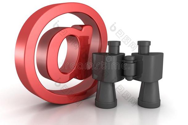 电子邮件符号处有红色的双筒望远镜。互联网搜索概念
