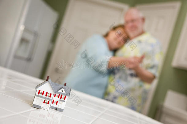 一对老年夫妇盯着柜台上的小模型屋