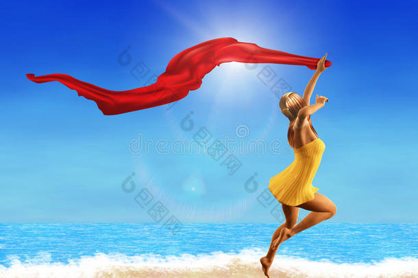 海滩上戴红领巾的女人