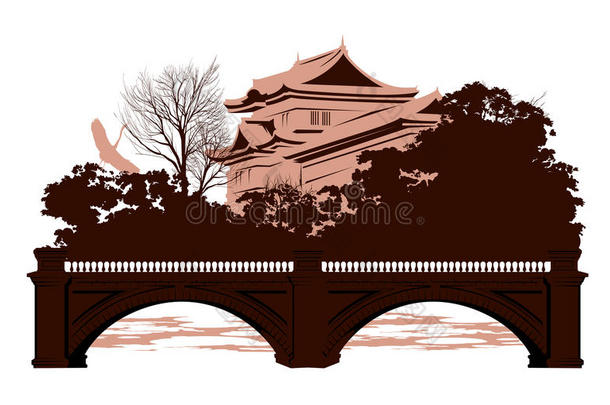 有<strong>日本房子</strong>和桥的明信片