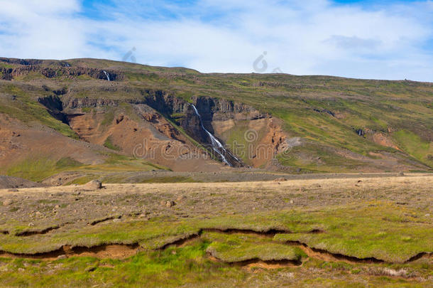 夏季冰岛风景，瀑布和明亮的蓝天