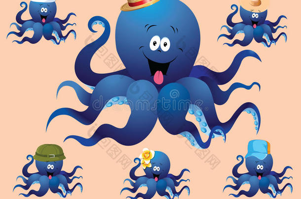 蓝色欢快卡通章鱼，配各种配饰（帽子）。