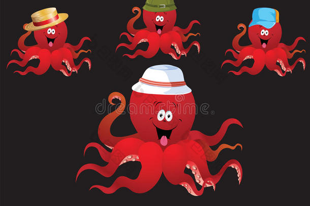 红色快乐卡通章鱼，配各种配饰（帽子）。