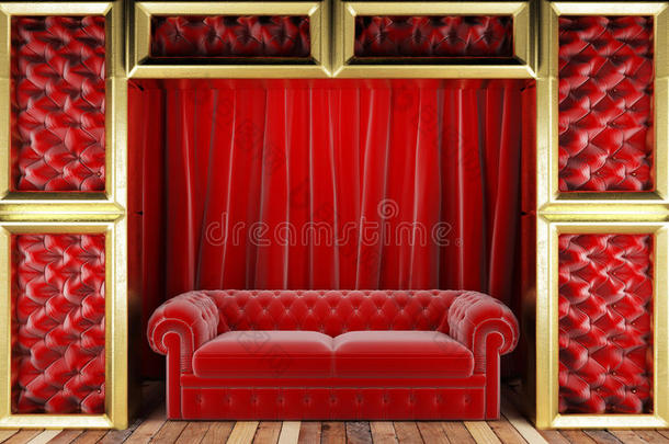 金色舞台上的<strong>红色布</strong>艺窗帘和沙发