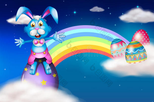 彩虹附近的复活节兔子和鸡蛋