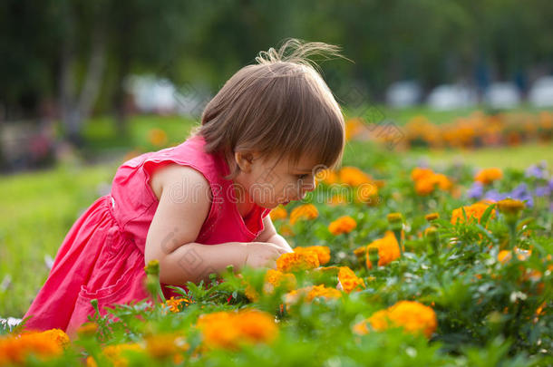 橘黄色花朵的小女孩