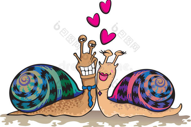 两只色彩斑斓的卡通蜗牛疯狂相恋