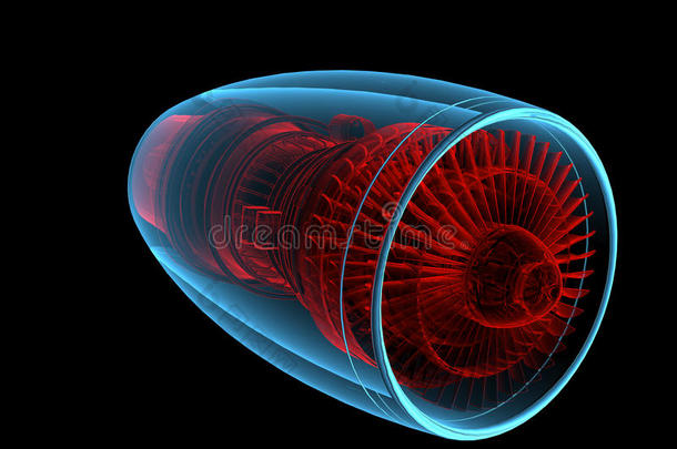 涡轮喷气发动机（3d X光红色和蓝色透明）