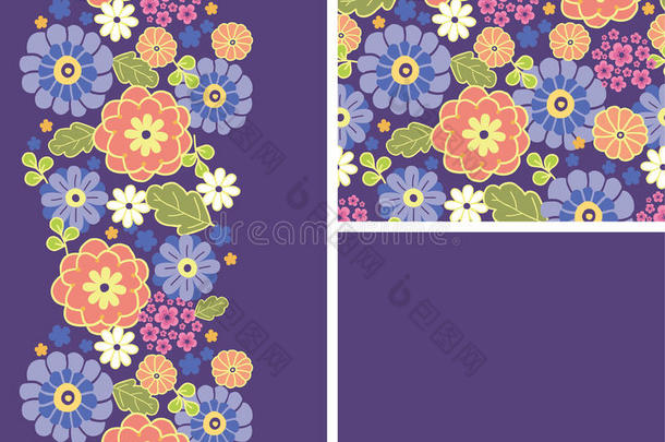 一套紫色花朵无缝图案和边框