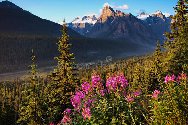 加拿大亚伯达省班夫国家公园落日落基山美景