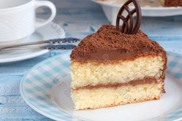 甜点盘上的一块巧克力奶油蛋糕
