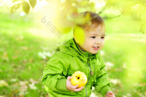 那个漂亮的小男孩拿着一个苹果走在绿色的空地上