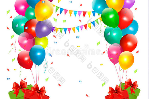 节日背景，彩色气球和礼物