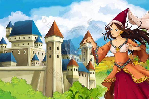 公主-城堡-骑士和仙女-美丽的漫画女孩-儿童插图