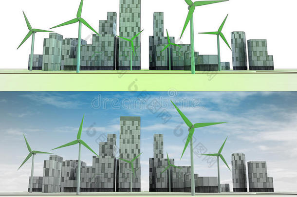 两个城市景观，带建筑和风力涡轮机