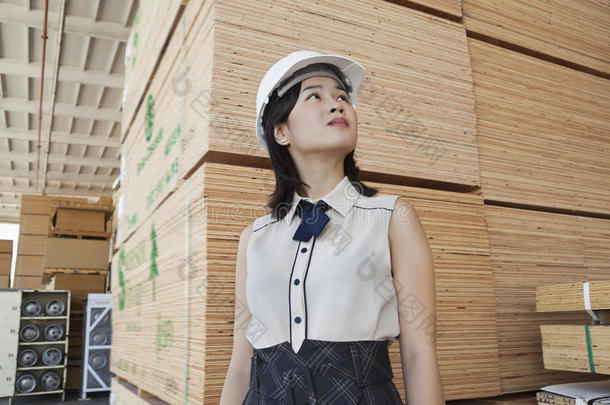 年轻的女工业工人背着堆积<strong>如山</strong>的木板向远处望去