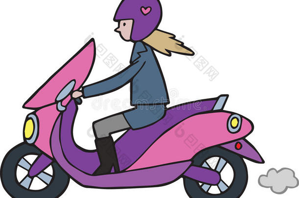 可爱的卡通女孩骑着lambretta摩托车