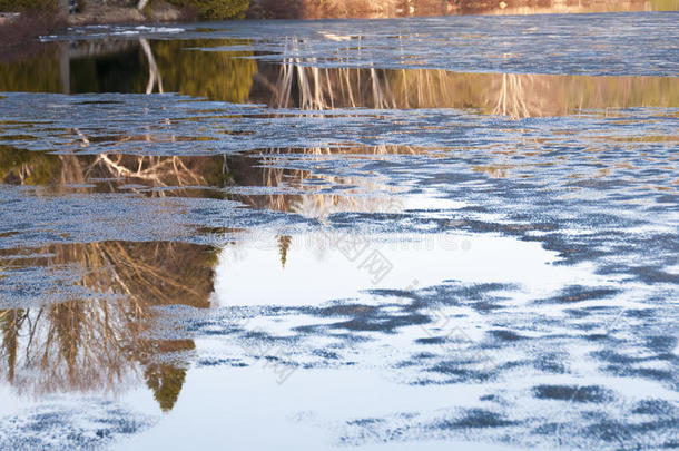 湖上的冰融化和倒影