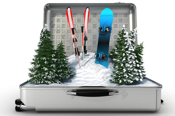 带雪的手提箱滑雪板和滑雪板