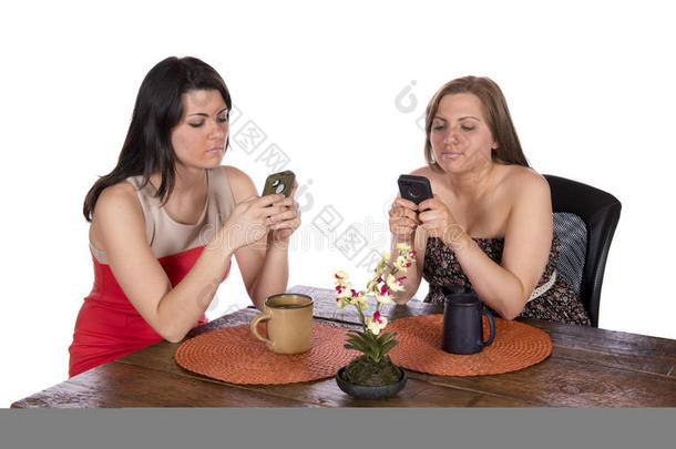 两个女人坐着咖啡手机