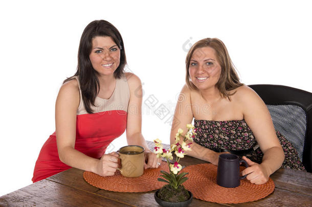 两个女人坐在桌边喝咖啡