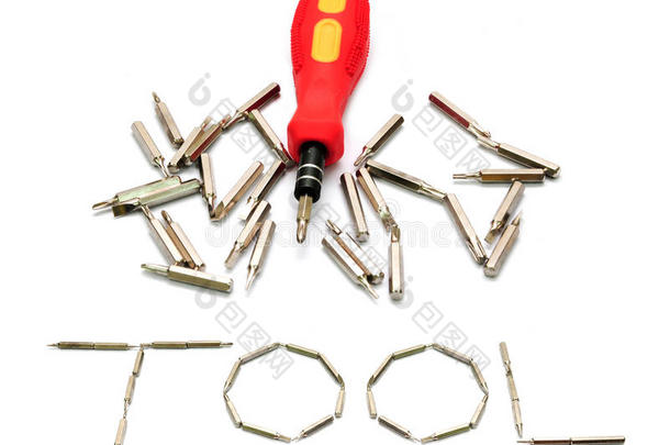 工具黄色螺丝刀头工具包，白色隔离